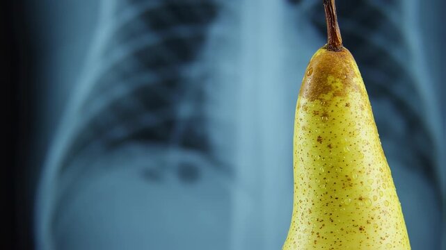 Close-up of a pear with water droplets, against a blurred X-ray image background
