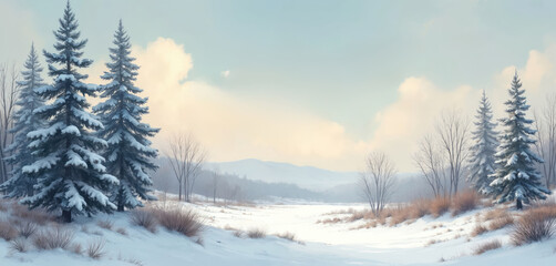 Fototapeta premium Winter forest scene with snow-covered fir trees and bare branches. Landscape shows gentle hills under a soft sky. Dry grass peaks through snow drifts on a tranquil cold day.