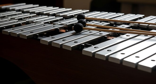 A close-up view of a xylophone with mallets on its keys indoors