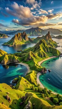 A photo of a serene landscape on Padar island in Komodo National Park, featuring lush green forests, crystalclear turquoise waters, and breathtaking