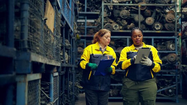 Female auto warehouse worker teamwork colleague inspecting spare parts and industrial factory on storage shelves, inventory management and maintenance workflow in automotive workshop service garage.