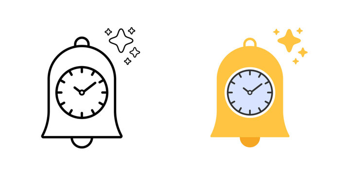 Bell clock symbol. Notification bell combined with clock and small sparkle element. Smart reminder and proactive alert indicator. Simple geometric icon.