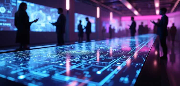 People interact with glowing digital displays in modern control room. Silhouettes view abstract circuit board graphics on large screens and table surface.