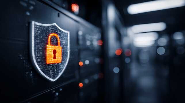 Shield with a padlock on a server corridor display illustrating cybersecurity protection, secure infrastructure, and defense against digital threats in data centers.
