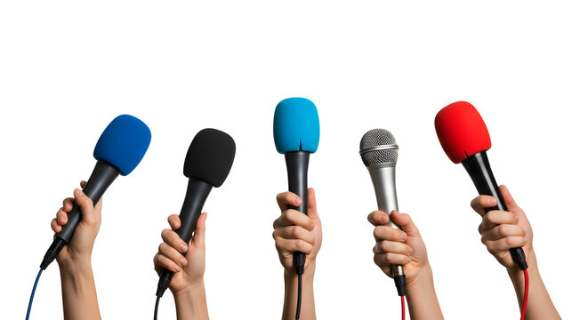 Five hands holding microphones isolated on a transparent background