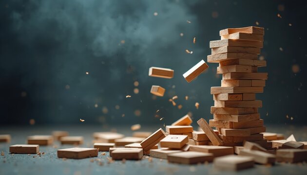 Wooden tower blocks fall apart. Game pieces fly through air. Risk and instability concept. Precarious balance collapses under pressure. Business crisis.