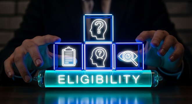 Conceptual illustration of eligibility criteria with glowing icons and text.
