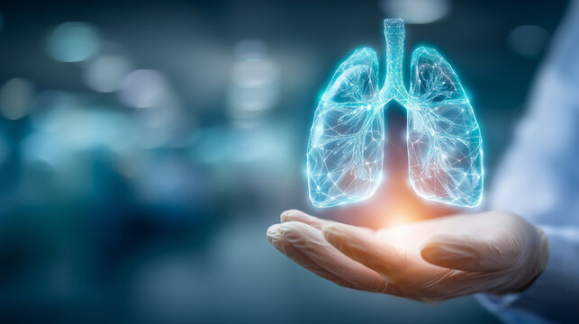 Gloved hand holding a holographic lungs model representing respiratory care, pulmonary diagnosis, and digital healthcare innovation.
