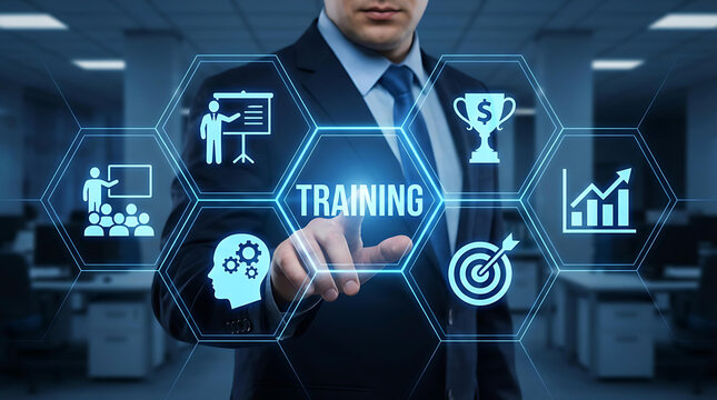 Businessman in modern office touching virtual screen with corporate training and skill development concept icons