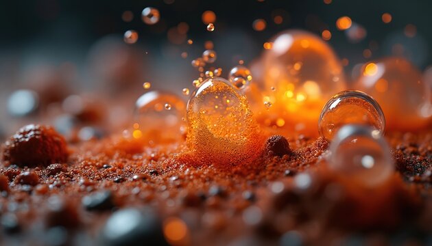 Macro shot of metal reacting with liquid. Orange bubbles form on granular surface. Scientific experiment shows chemical change and process. Close view.