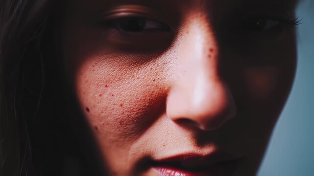 Close-up of a person's face, highlighting skin texture and features, with dramatic lighting