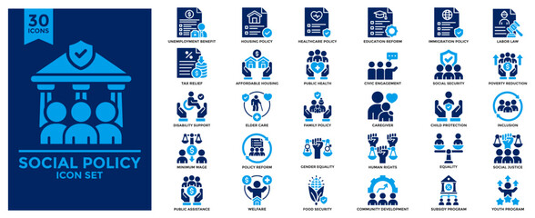 Social policy icon set flat style illustration. Contains icons for affordable housing, unemployment benefit, education reform, poverty reduction, public health, tax relief, disability support.v