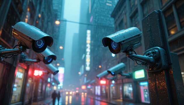 Multiple surveillance cameras mounted on pole and buildings observe rainy city street at night. Neon signs glow bright. Urban scene under constant watch. Technology watches everything.