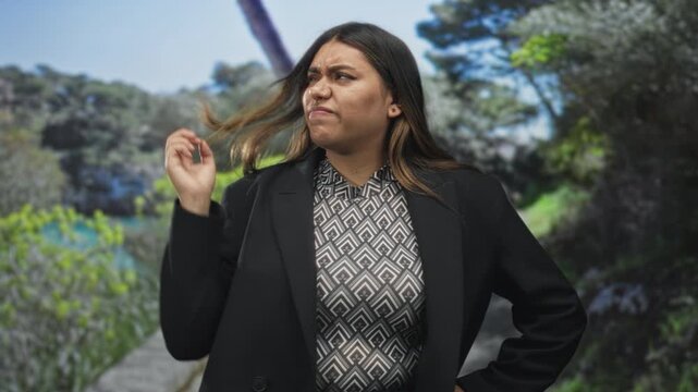 Woman rubbing eye and clenching fist on forest path, blazer and geometric top visible, hair flick and scoffing gesture; frustration defiance.