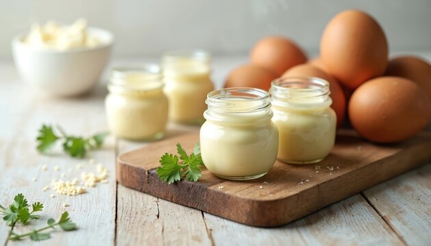 Small glass jars hold creamy homemade mayonnaise. Eggs and parsley garnish rustic table. Fresh ingredients for natural cooking. Delicious food preparation.