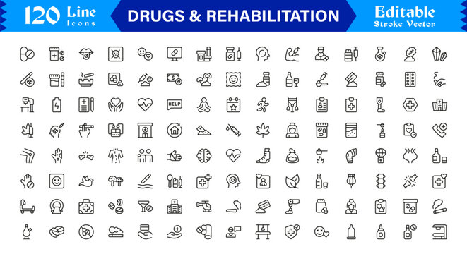 Drugs And Rehabilitation Line Icon Set with Modern Minimal Style and Unique Editable Vector Designs for Healthcare and Recovery