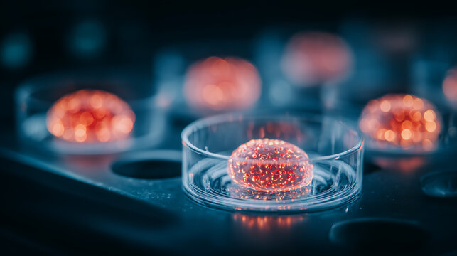 Cell spheroids in a culture plate illustrating stem cell research, tissue engineering, and regenerative medicine innovation.
