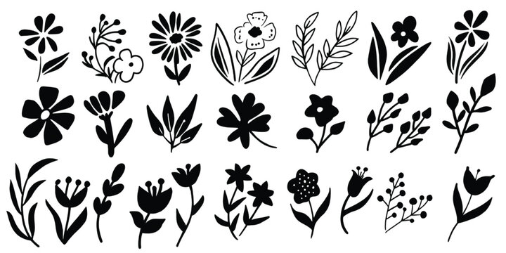 Assorted stylized botanical leaves and flowers in monochrome design