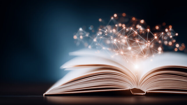 Open book with a glowing knowledge network rising from its pages representing learning, intelligence, and connected ideas.
