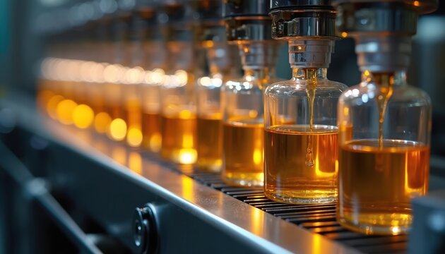 Automated line fills glass vials with golden liquid. Close-up view shows manufacturing process on conveyor belt. Industrial production of liquids. Amber substance flows into bottles.