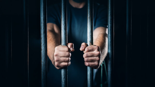 Hands of a man holding bars in a jail cell, standing in shadow.