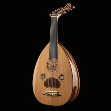 Close-up of a traditional oud instrument on a black background