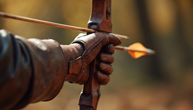 Archer draws wooden bow, aiming arrow with orange fletching. Hand wears brown leather glove. Focus on skill and precision in outdoor setting with blurred autumn background.