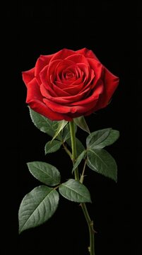 Close-up of a single red rose with green leaves against a black background