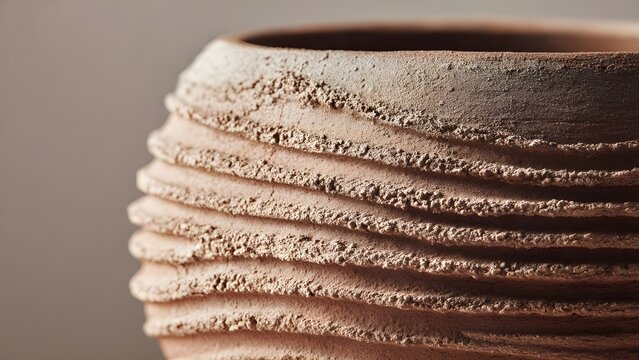 Close-up of Textured Terracotta Clay Pottery with Raw Organic Grooves