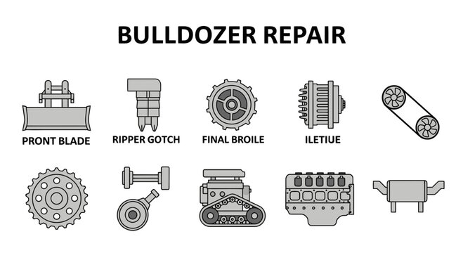 Illustration showing ten gray lineart icons representing bulldozer repair parts