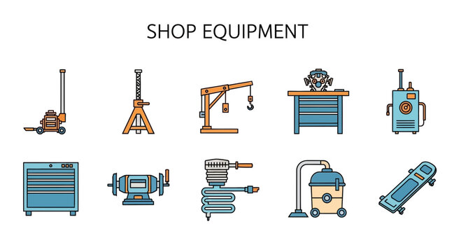 Cartoon icons representing various pieces of automotive shop equipment arranged in two rows
