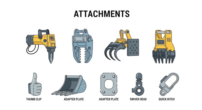 Illustration of various heavy equipment attachments with labels