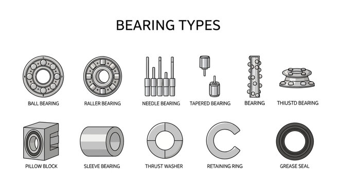 Illustration showing ten types of mechanical bearings and seals