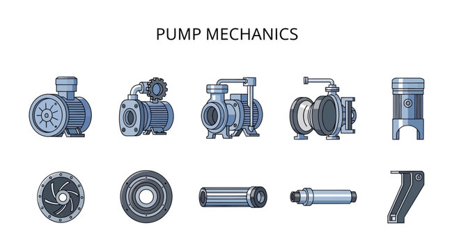 Collection of blue and grey pump mechanics icons arranged in two rows