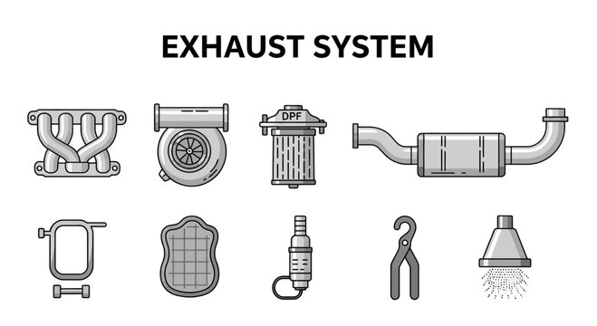 Icons illustrating various components of an automotive exhaust system