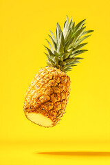 A vibrant and juicy pineapple, cut in half, levitates against a bright yellow background in a studio setting