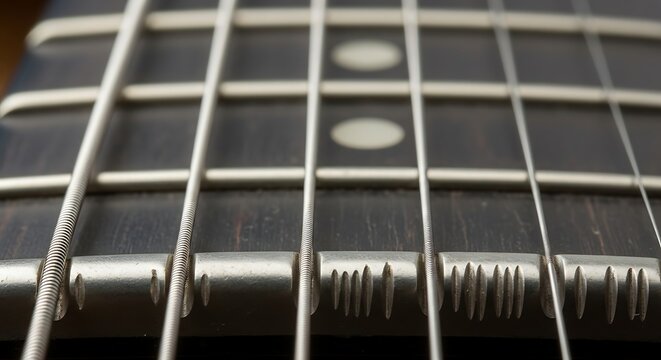 Close-up view of a guitar fretboard with strings and frets in a music performance setting indoors