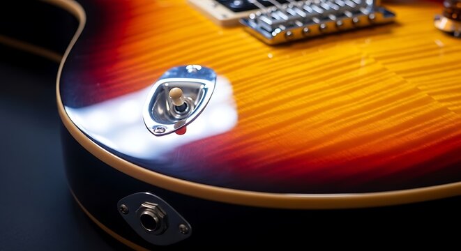 A close-up view of an electric guitar's body and bridge on a dark background shows the instrument's sunburst finish.