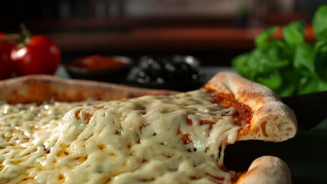 Ultra Slow Motion of Pizza with Melted Cheese Stretching Between Slices at 1000fps.