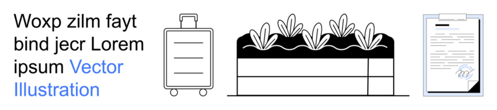 Travel, legal agreements, agriculture, organization, logistics, documentation. Monochrome suitcase, raised garden bed with plants signed paper. Travel and legal agreements