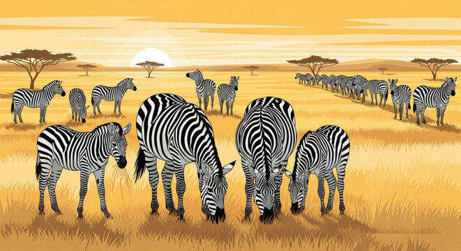 A vector illustration of zebras grazing in a savannah at sunset