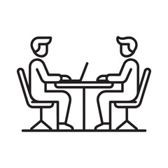 Fototapeta premium Two people seated at a table with a laptop depicted in line art