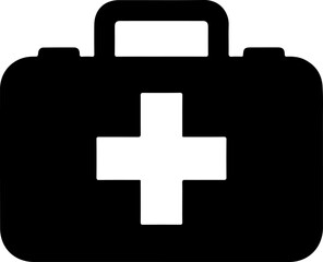 Obraz premium First aid kit, medical bag, black icon, white cross, emergency symbol
