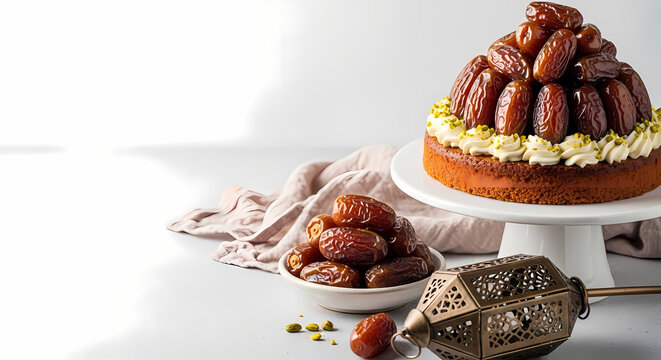 An exquisite date cake adorned with cream and pistachios, alongside a bowl of dates and an ornate lantern, perfect for festive celebrations.