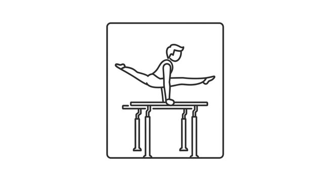 Dynamic line art illustration of a male gymnast expertly executing a split on parallel bars