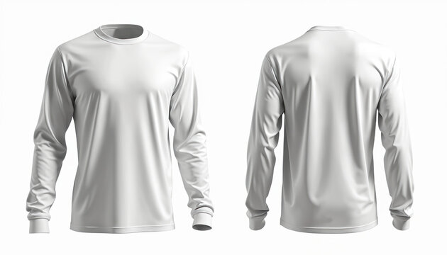 Blank white long sleeve t-shirt front and back views. This versatile apparel is perfect for showcasing custom designs for clothing brands and personal printing projects.