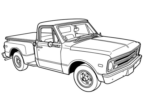 Vintage classic pickup truck line art illustration, retro american workhorse vehicle