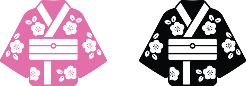 Pink and black kimono with white floral pattern japan