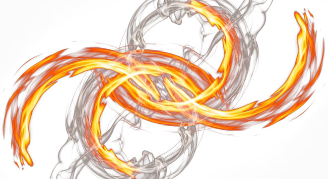 White smoke trails and curved flame trails swirling together to form a beautiful and high contrast fire effect.