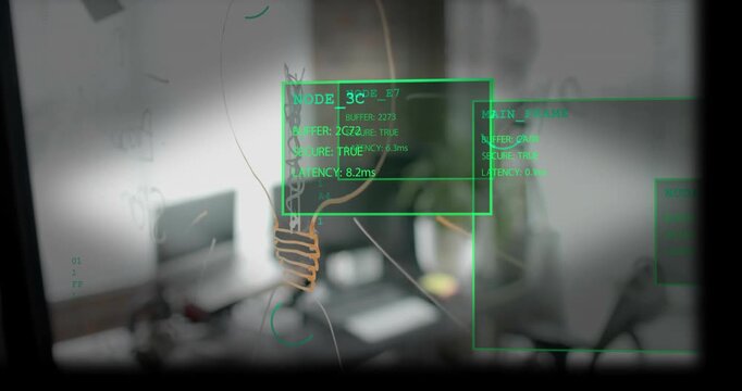 Filament sketch staying on glass while HUD scanning, using green boxes and showing NODE_3C tech